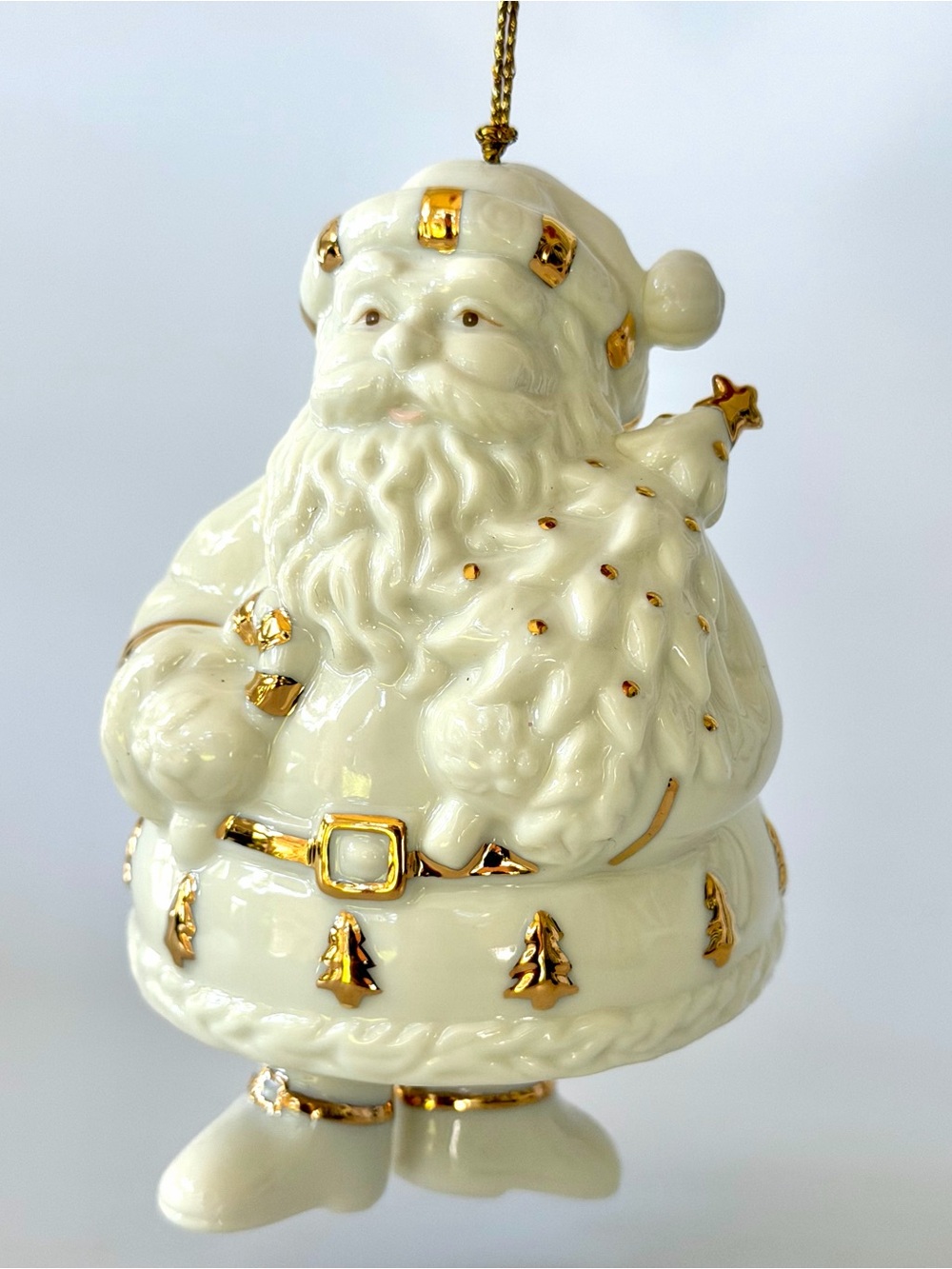 Vintage Enesco Santa Bell Christmas Ornament Ivory Gold Swinging Feet 2001